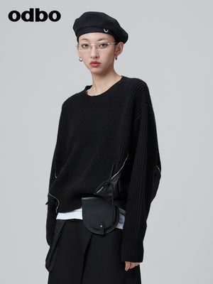 Odbo 潮牌拼接圓領羊絨毛衣女新款2022秋季黑色小眾套頭針織上衣