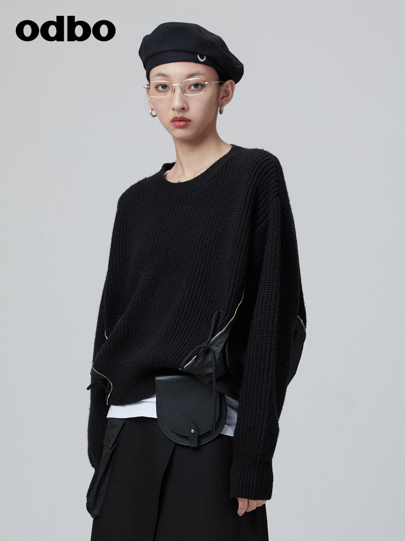 Odbo 潮牌拼接圓領羊絨毛衣女新款2022秋季黑色小眾套頭針織上衣