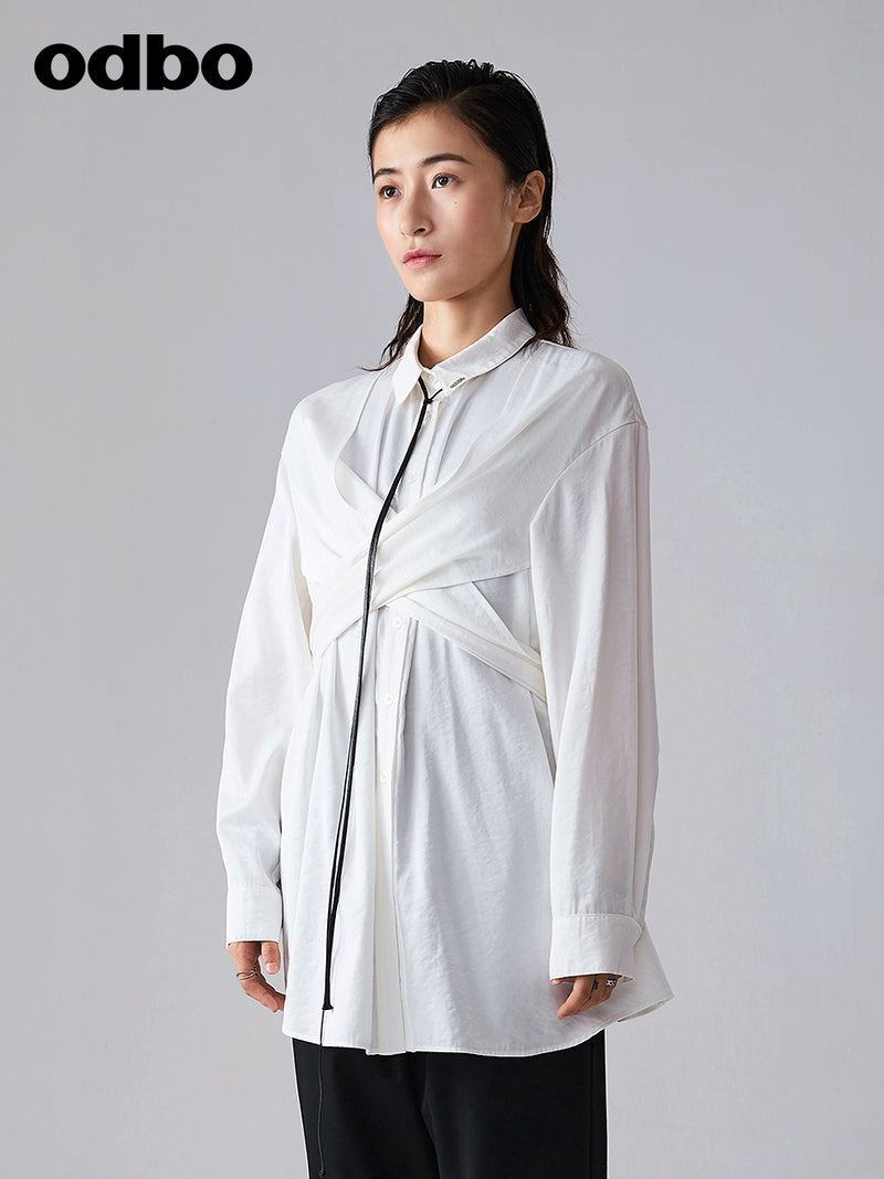 Odbo 設計感小眾長袖白色襯衫女秋2022新款百搭交叉系帶時尚上衣
