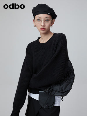 Odbo 潮牌拼接圓領羊絨毛衣女新款2022秋季黑色小眾套頭針織上衣