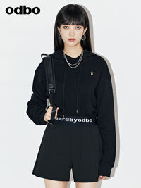 Odbo 潮牌黑色收腰字母連帽短款衛衣2022新款女秋季小眾長袖上衣