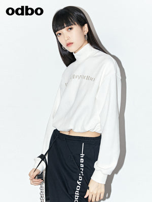 Odbo 白色小立領抽褶收腰短款衛衣女秋季2022年新款時尚洋氣潮牌