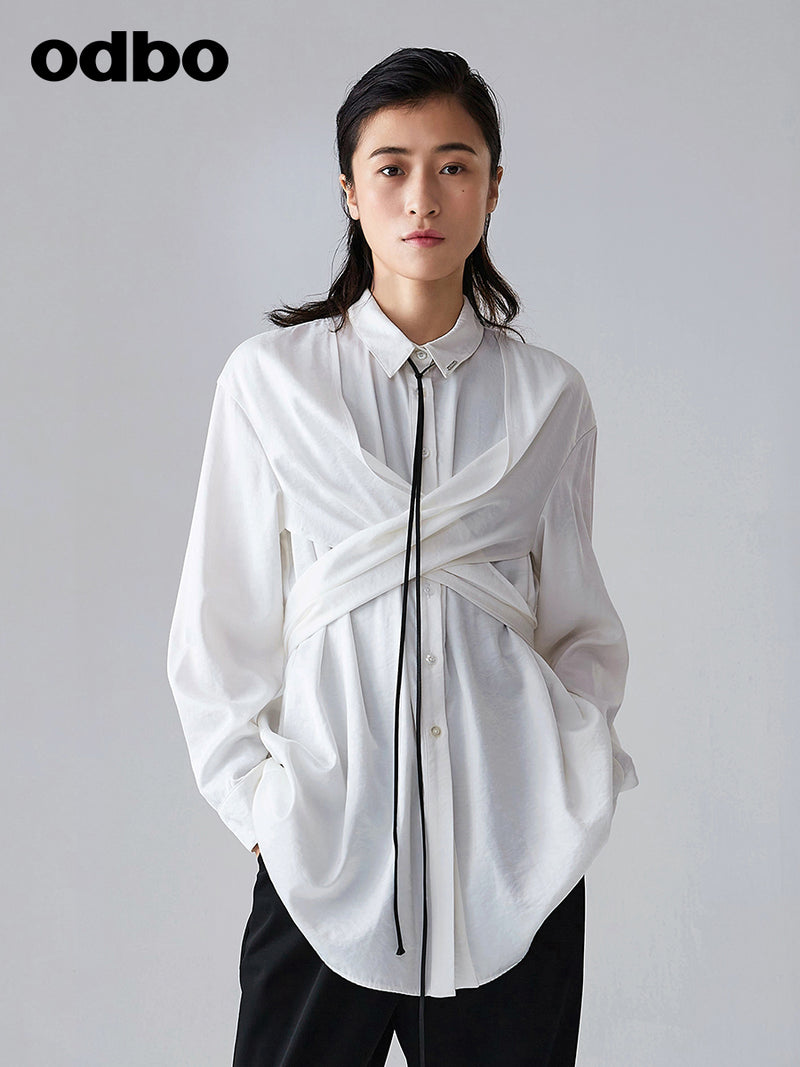 Odbo 設計感小眾長袖白色襯衫女秋2022新款百搭交叉系帶時尚上衣