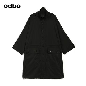 odbo 原創設計 中長款 工裝連帽外套 女2022新款 印花抽身收腰風衣