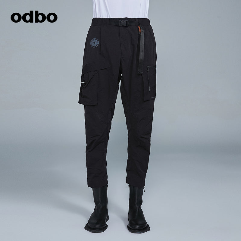 Odbo潮牌口袋織帶工裝褲男秋冬百搭2022新款鬆緊腰直筒休閒長褲