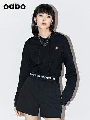 Odbo 潮牌黑色收腰字母連帽短款衛衣2022新款女秋季小眾長袖上衣