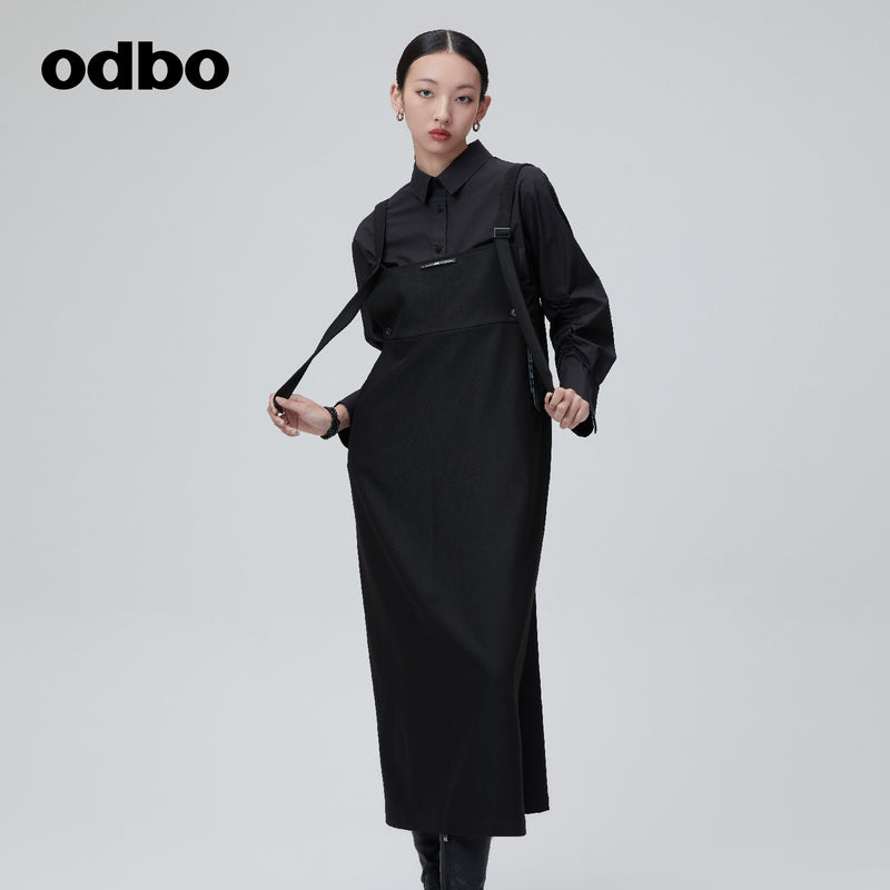 Odbo 原創設計黑色背帶連衣裙女夏季2022年新款寬鬆顯瘦直筒裙子