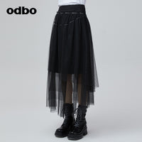 Odbo 高腰小眾不規則網紗黑色半身裙女夏季2022年新款拼接A字裙子