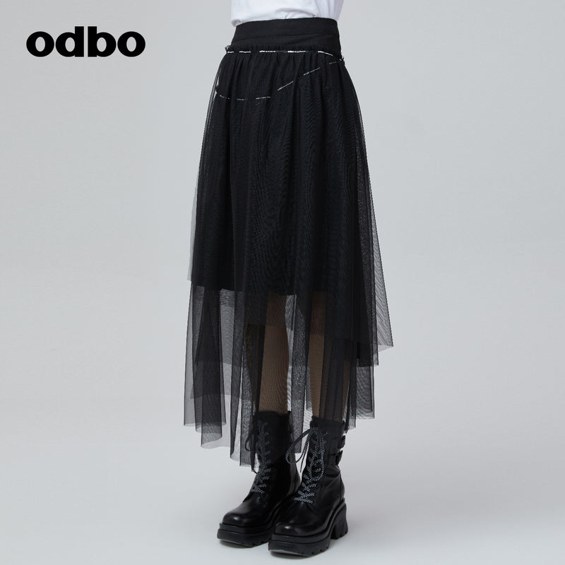 Odbo 高腰小眾不規則網紗黑色半身裙女夏季2022年新款拼接A字裙子