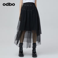 Odbo 高腰小眾不規則網紗黑色半身裙女夏季2022年新款拼接A字裙子