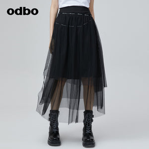 Odbo 高腰小眾不規則網紗黑色半身裙女夏季2022年新款拼接A字裙子