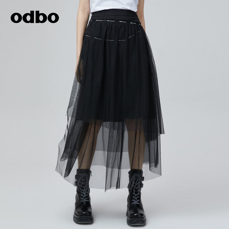 Odbo 高腰小眾不規則網紗黑色半身裙女夏季2022年新款拼接A字裙子
